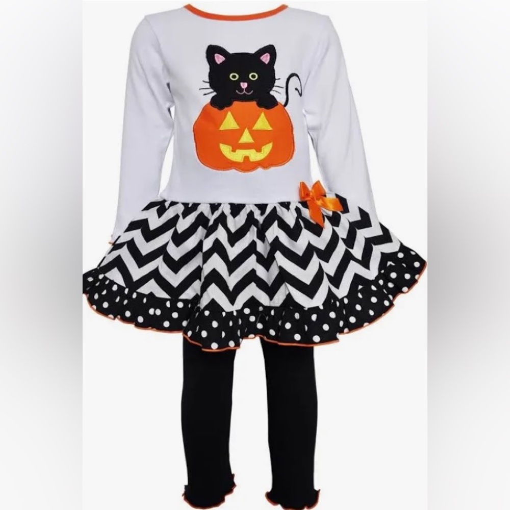 AnnLoren Girls' Halloween Pumpkin and Kitten Knit Dress Set